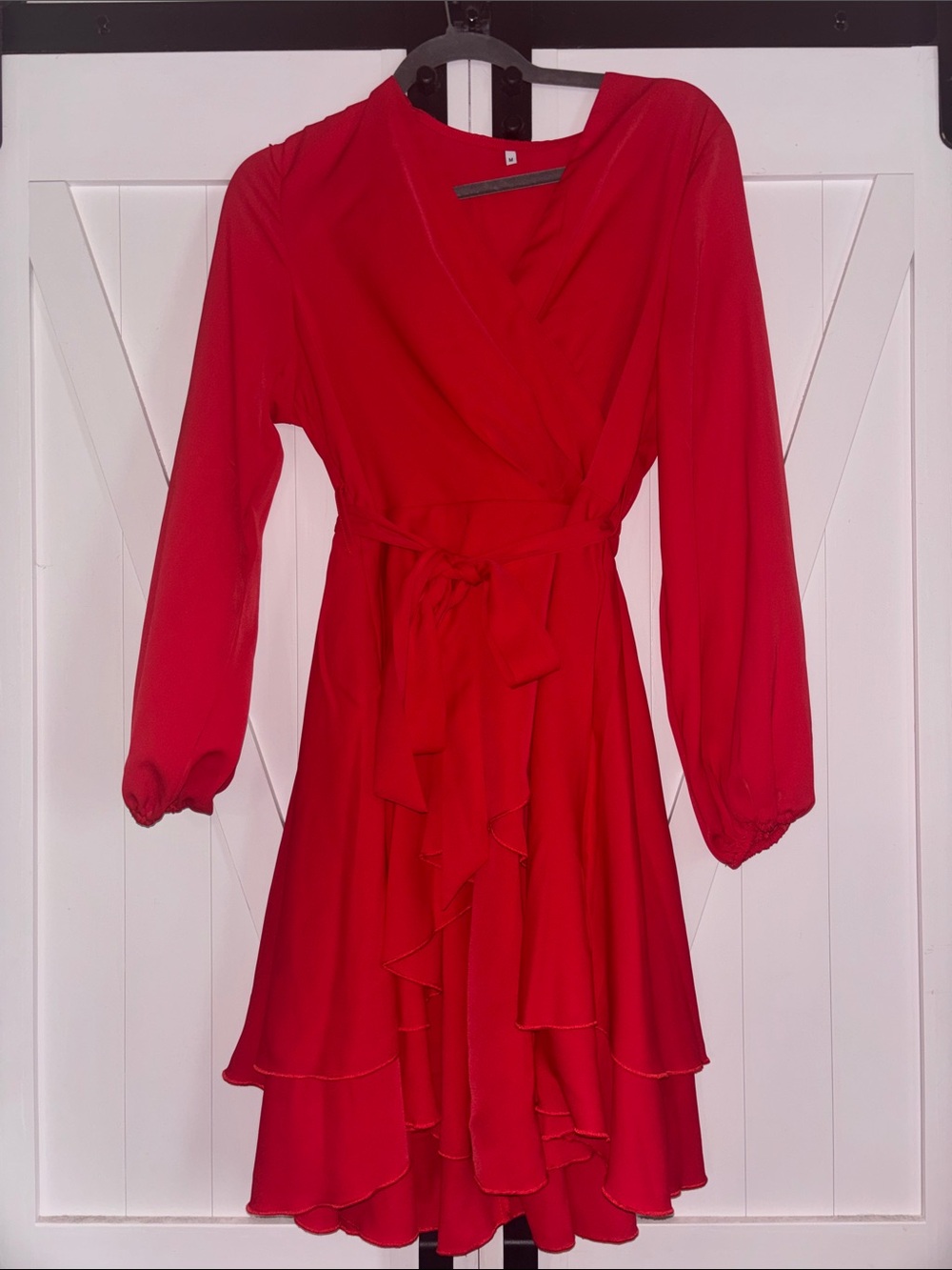 Amazon Red Long-Sleeve Wrap Ruffle Dress